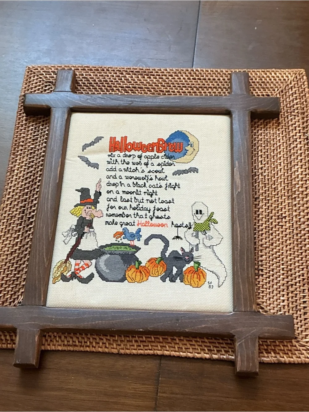 Vintage Completed Halloween Brew Cross Stitch Framed Wood Ox-Bow 1983 Whimsical